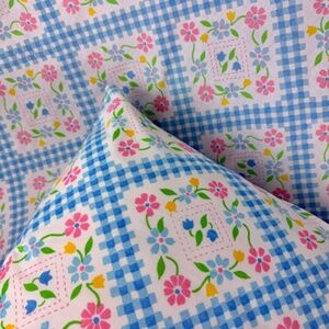 1970s Sears Abigails Garden Blue Checkers 3pc Twin Bed Sheet Set Patchwork Print